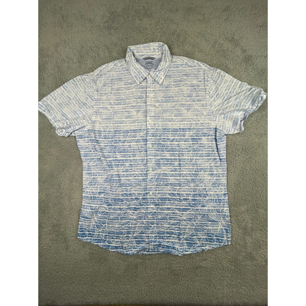 Izod Saltwater Mens Large Blue White Tropical Palm Stripe Short Sleeve Button Up